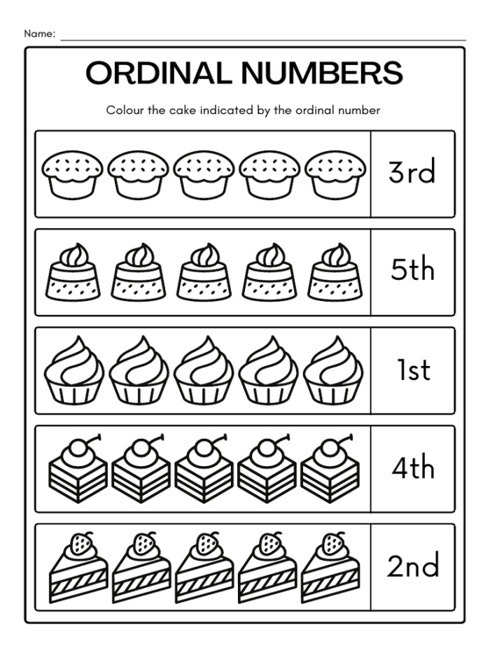 Identifying ordinal numbers first second third fourth exercise 8 First grade ordinal numbers practice worksheet with shaded pictures showing positions one through four