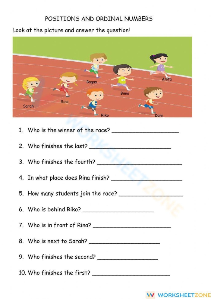 Identifying ordinal number positions in a subtraction worksheet for elementary students First grade ordinal numbers practice worksheet with shaded pictures to identify first through fourth positions