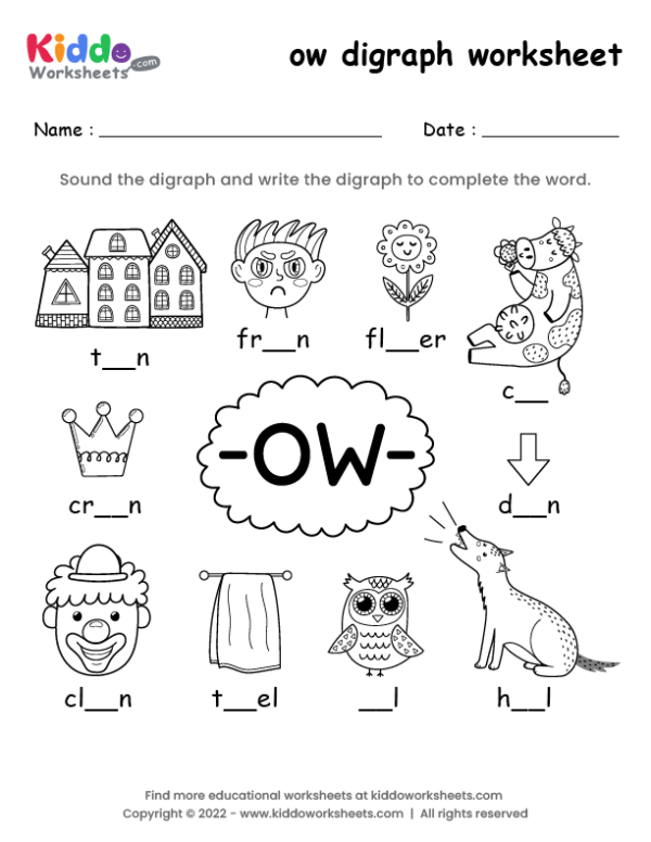 Worksheet for identifying OU and OW sound words in early reading