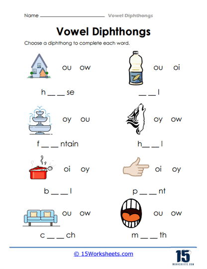 First-grade phonics worksheet focusing on the diphthong OW for vocabulary enhancement Children practicing vowel diphthongs with the OW worksheet in a first-grade classroom
