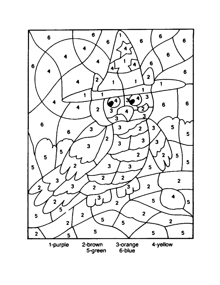 First grade owl color-by-number worksheet featuring addition math practice