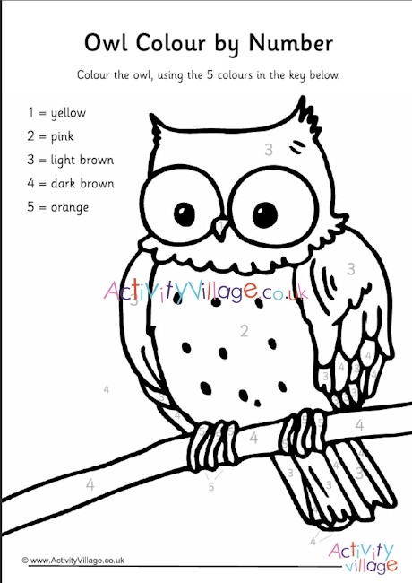 A cartoon owl with numbered sections ready to be colored in based on addition math facts
