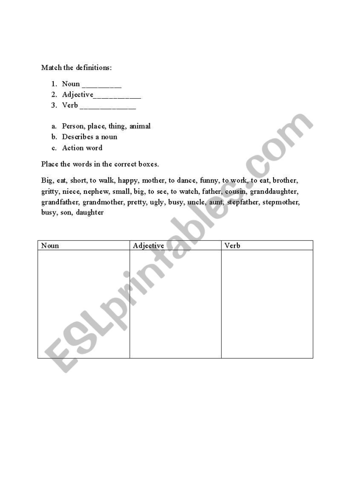 Parts of Speech Quiz worksheet designed for first graders to enhance language skills