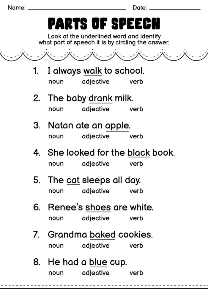 Parts of Speech Quiz worksheet for first grade students focusing on geometry terms