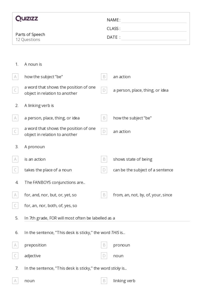 First grade parts of speech worksheet for 16th practice activity