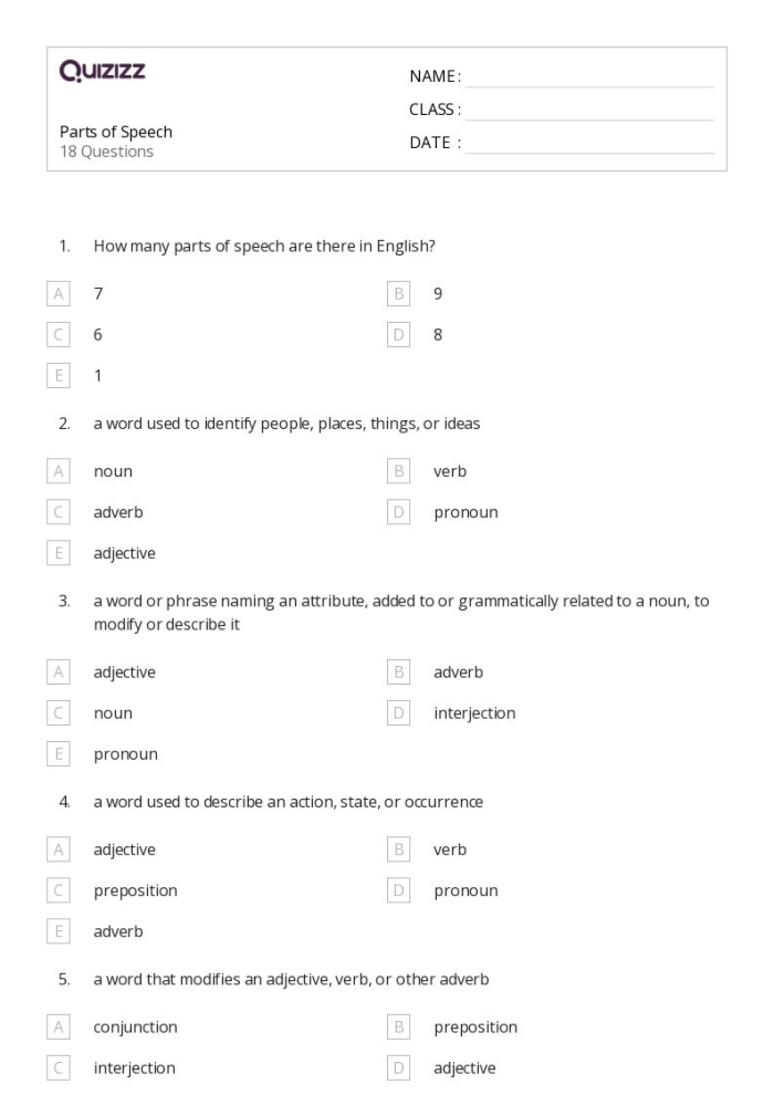 Worksheet featuring a quiz on parts of speech for first-grade students