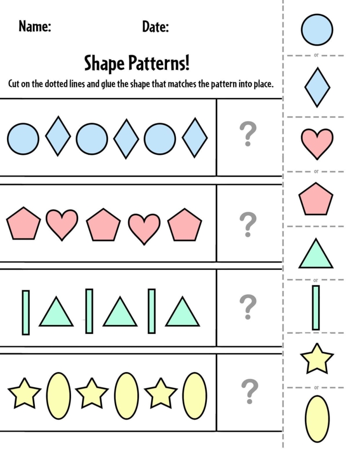 First grade Earth and Space Science pattern quiz worksheet featuring shape sorting and color identification