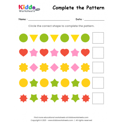 First grade students completing a pattern quiz worksheet with colorful shapes and colors to sort and identify