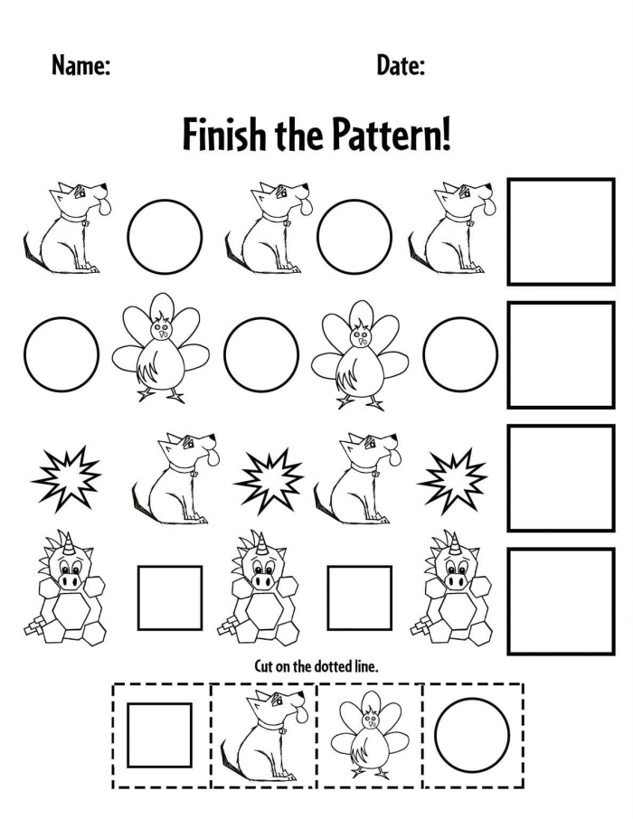 First grade students completing a pattern quiz worksheet with colorful shapes and colors to sort and identify