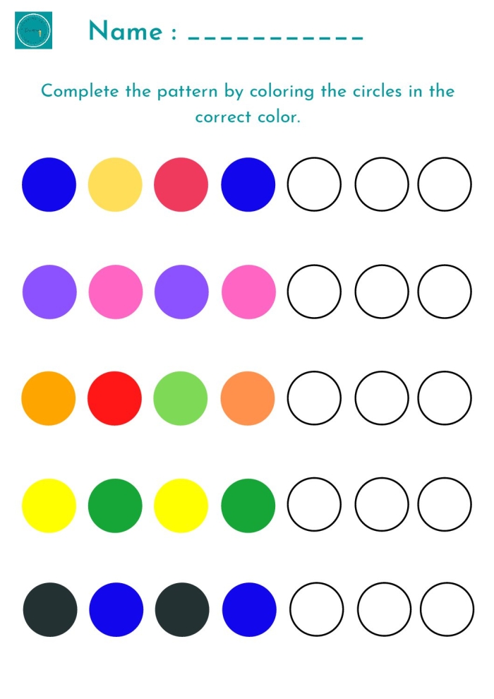 First grade students completing a pattern recognition quiz worksheet with colorful shapes and colors to identify