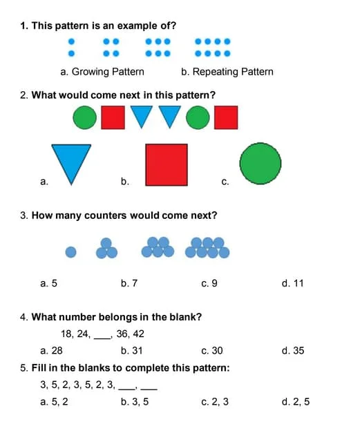 First grade Earth and Space Science pattern quiz worksheet featuring shape and color sorting exercises