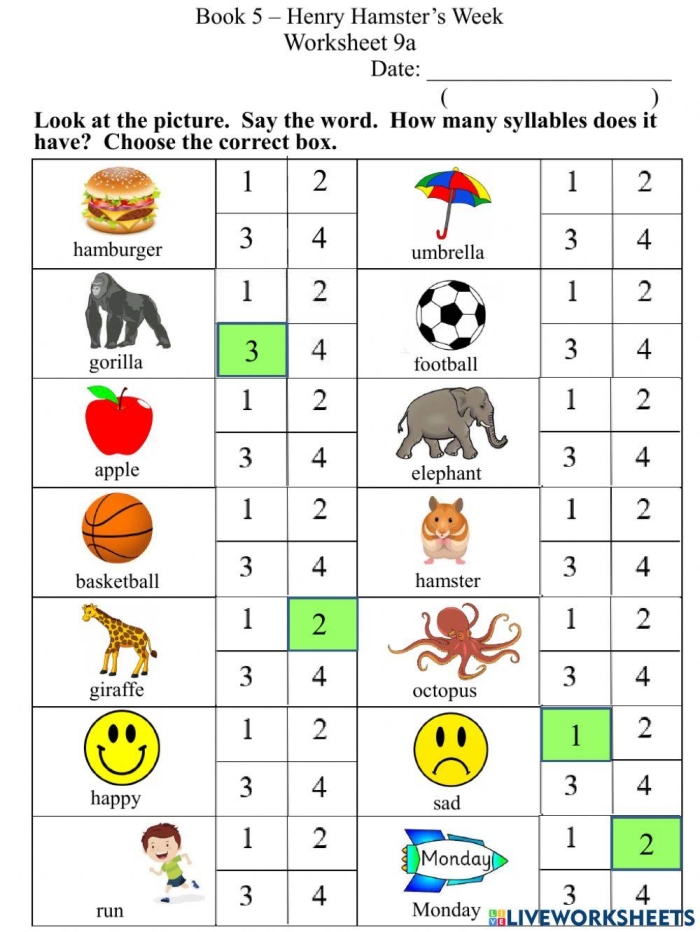 Clapping Out Syllables Learning Exercise for Beginning Readers First grade students clapping and counting syllables while learning phonemic awareness with worksheet activities