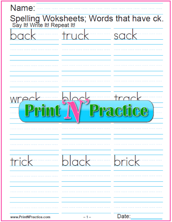 Worksheet featuring words that end with "ck" for phonics practice