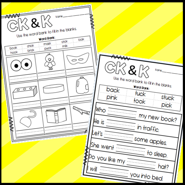 Worksheet featuring words that end with "ck" for phonics practice