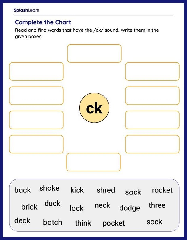 Worksheet featuring words that end with "ck" for phonics practice