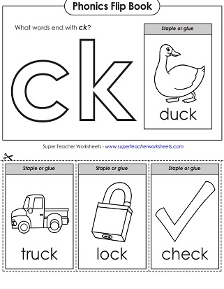 Worksheet featuring words that end with "ck" for phonics practice