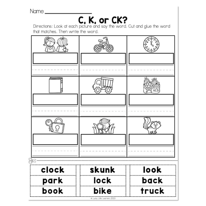 Worksheet featuring words that end with "ck" for phonics practice