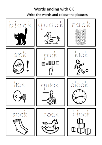 Worksheet featuring words that end with "ck" for phonics practice in first grade