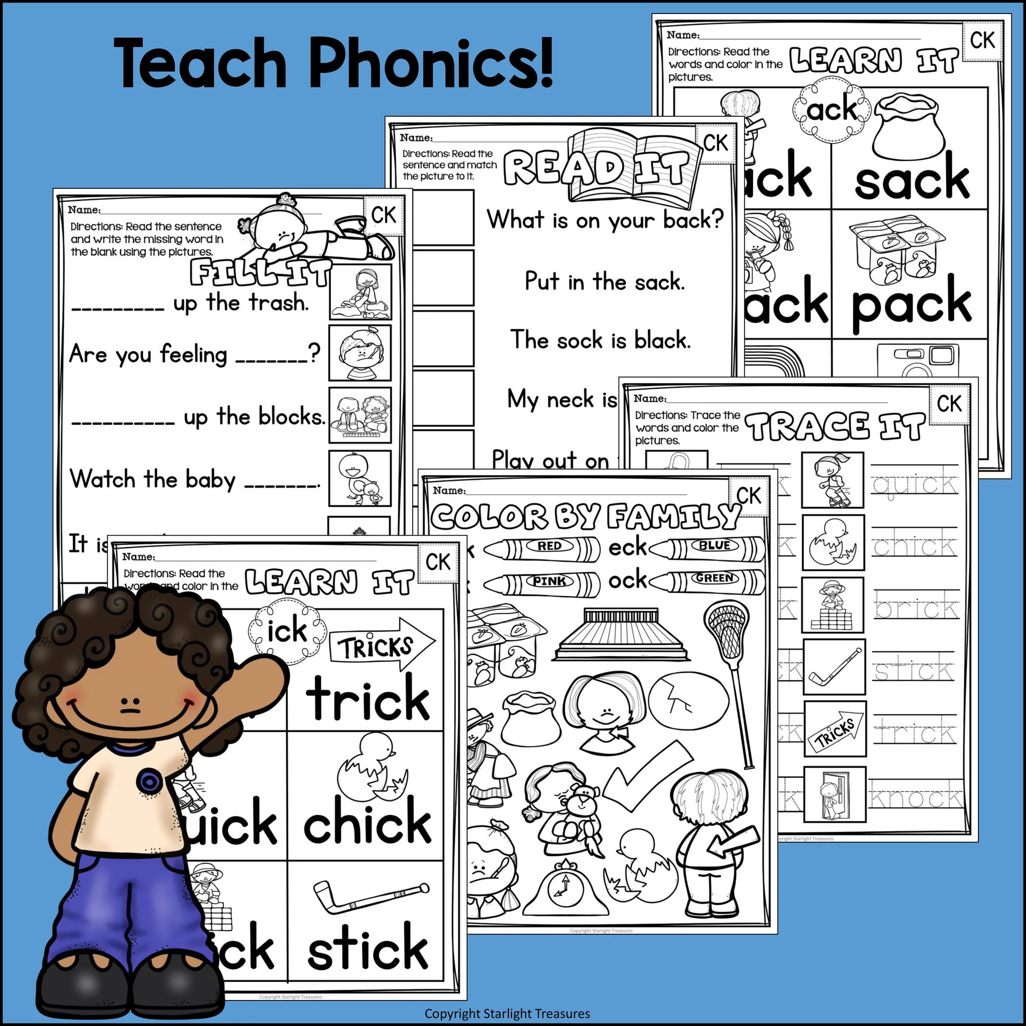 Worksheet featuring words that end with "ck" for phonics practice