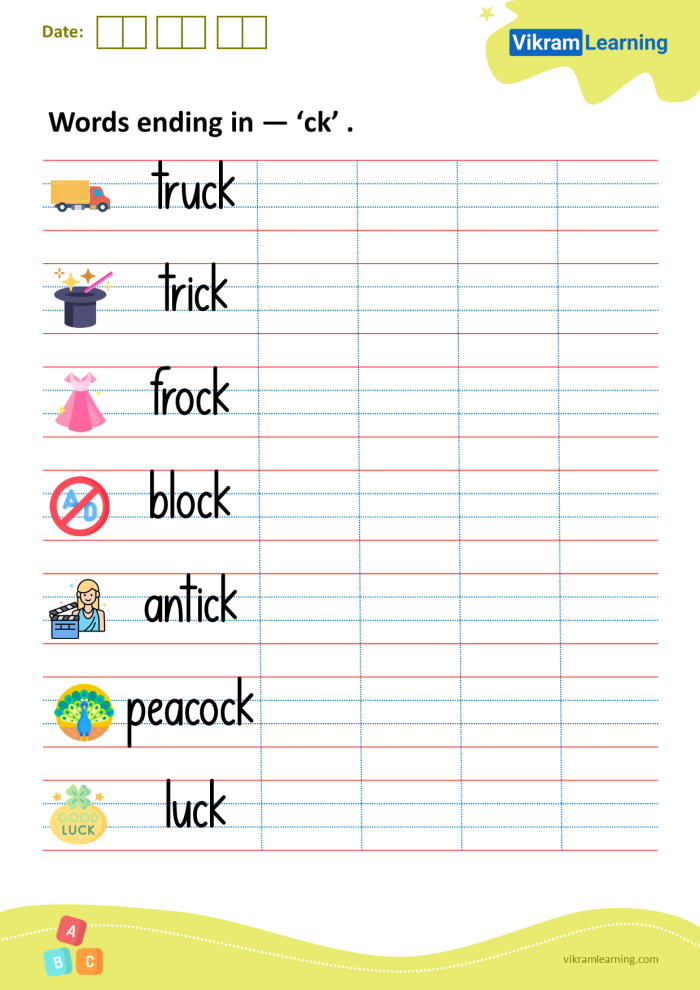 Worksheet featuring words that end with "ck" for phonics practice
