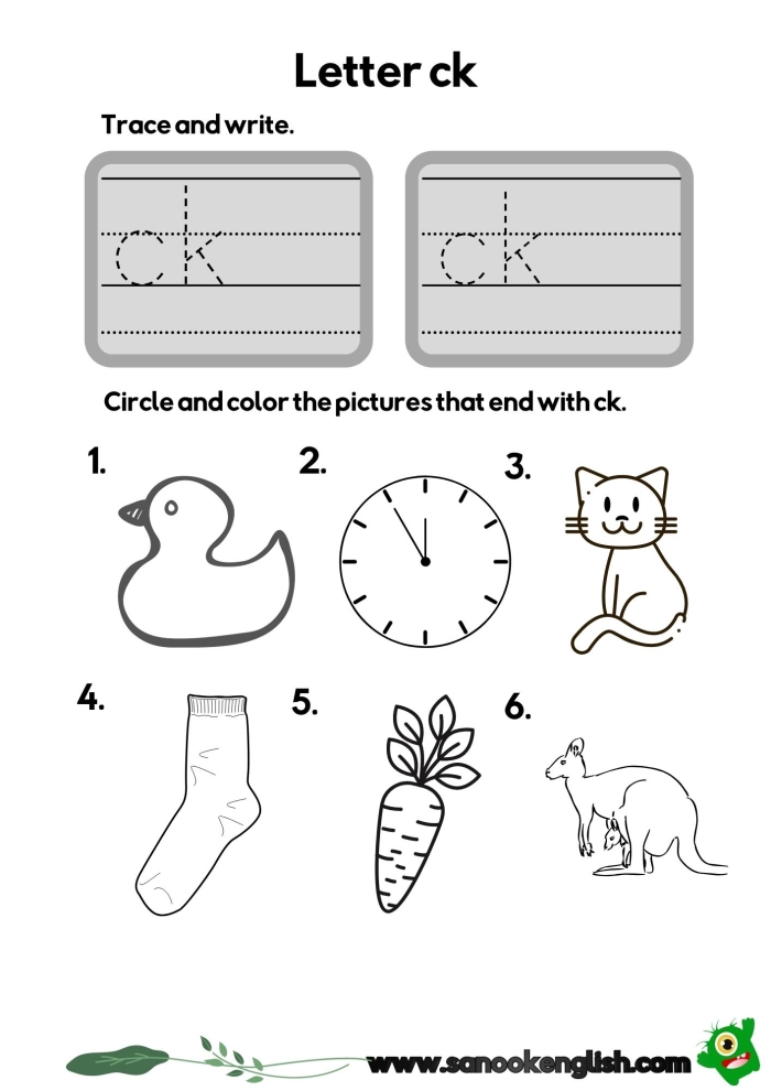 Worksheet featuring words that end with "ck" for phonics practice