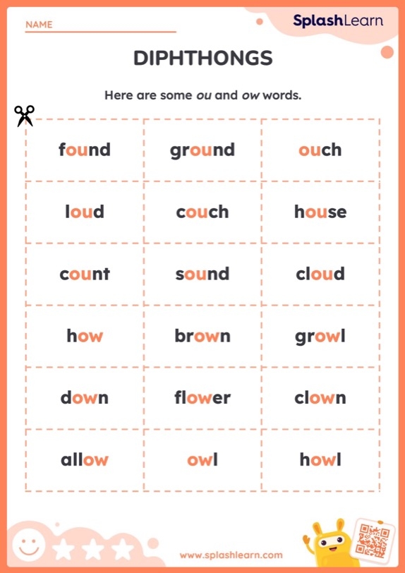 Worksheet for first graders focusing on the phonics of OW and OU word spelling. Engaging phonics worksheet helping young readers distinguish between OU and OW sounds.