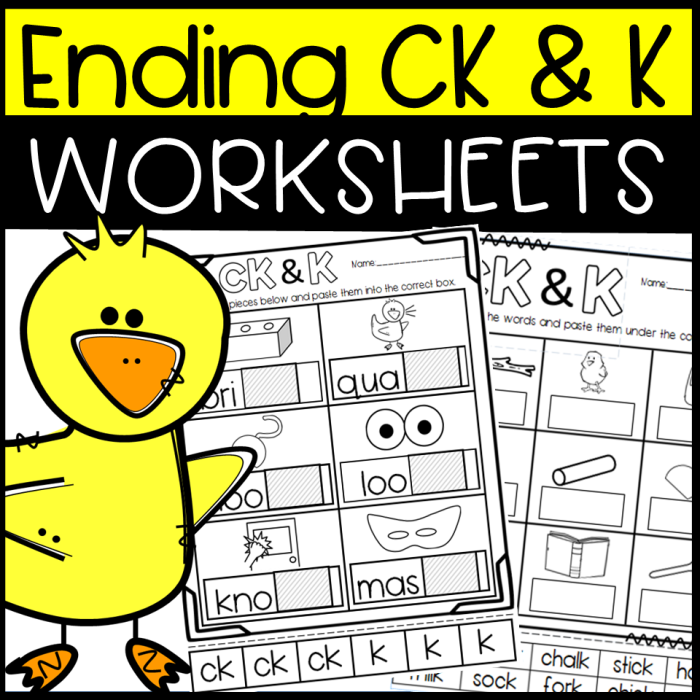 Worksheet featuring words that end with 'ck' for phonics practice