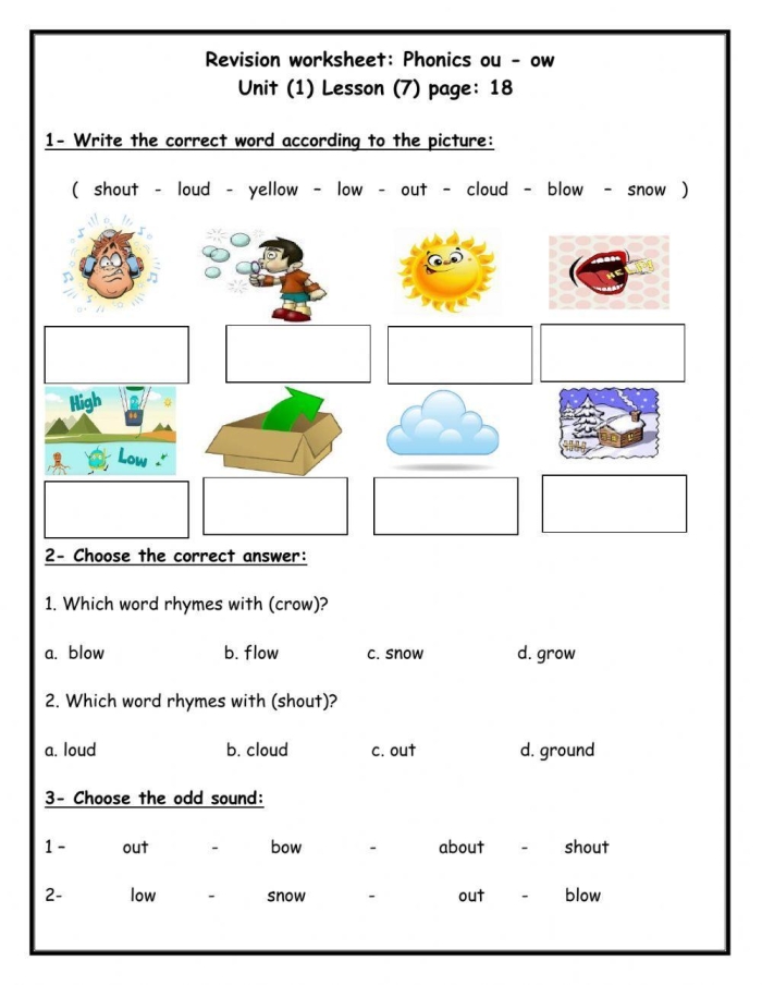 First grade phonics worksheet focusing on the sounds of OW and OU in various words