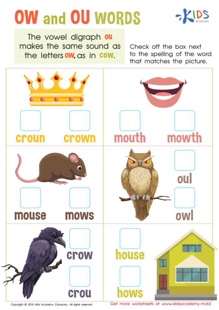 Sound of OW and OU worksheet for first graders focusing on phonics and spelling skills