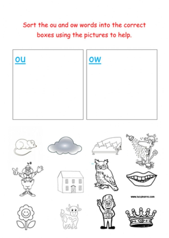 First grade phonics worksheet focusing on the distinct vowel sounds of OW and OU spellings