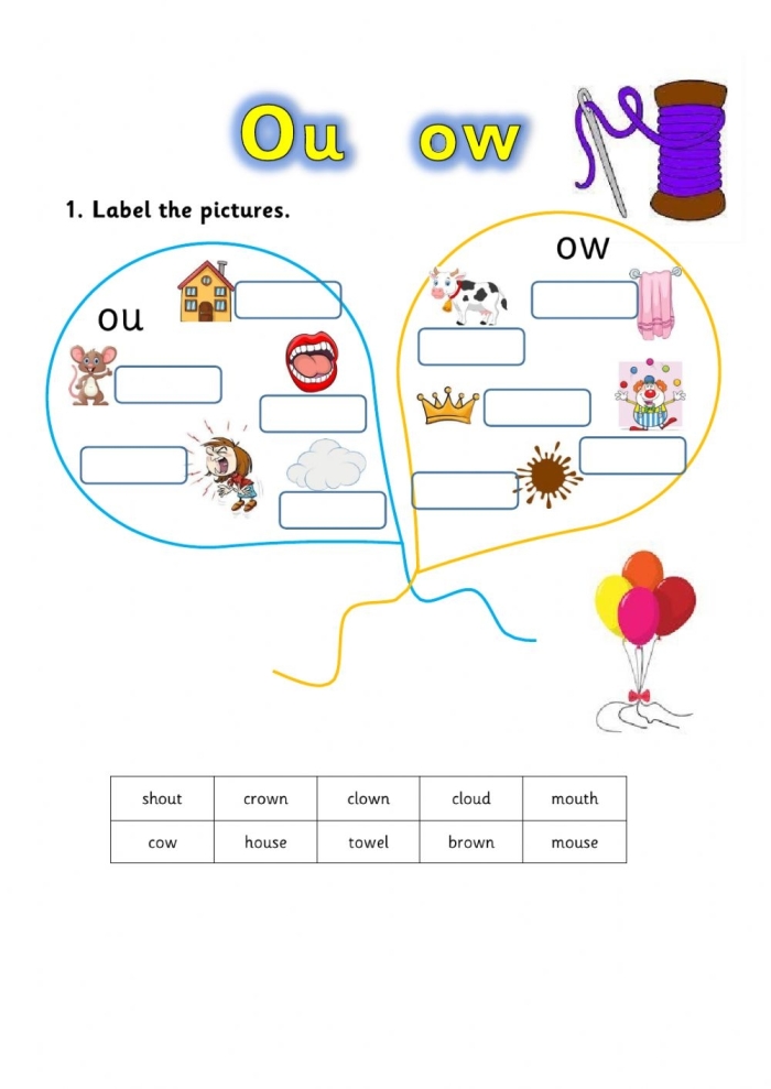 First grade phonics worksheet for practicing the OU and OW spelling patterns