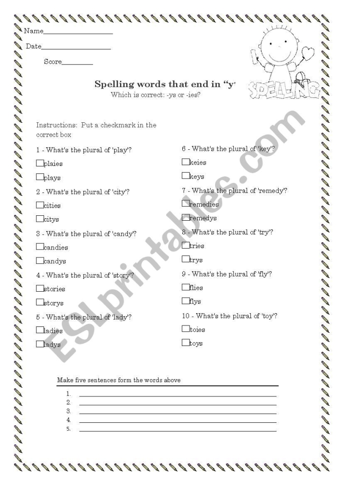 First grade worksheet on the sounds of words ending in y Worksheet featuring words that end in y for first graders learning phonics