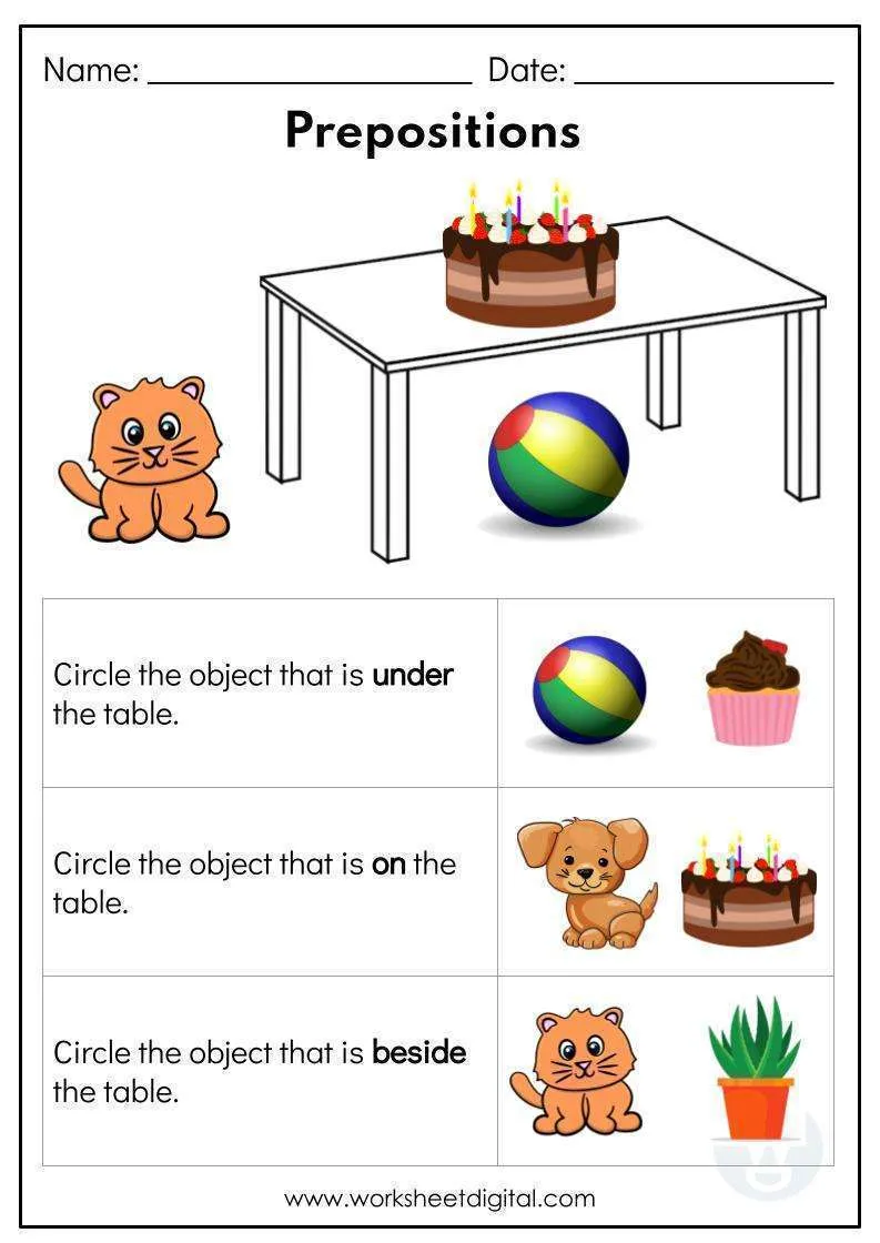 First Grade worksheet on choosing the correct preposition from a word bank