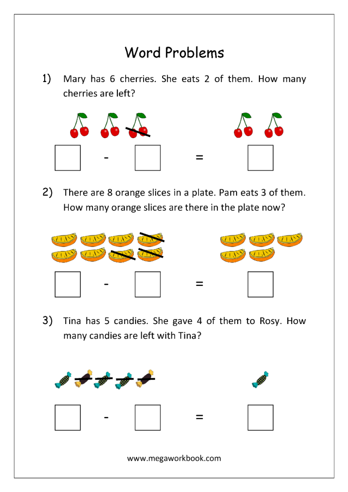Pizza Math Word Problems for Early Learners Worksheet 24 First grade students solving pizza topping addition and subtraction word problems with colorful illustrations