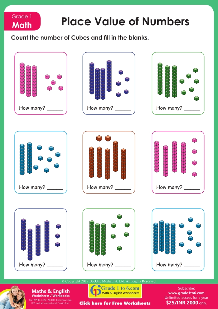 Counting Tens and Ones worksheet designed for first graders to practice place value concepts