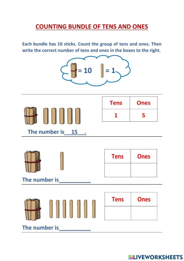 First grade math worksheet featuring place value exercises with tens and ones blocks