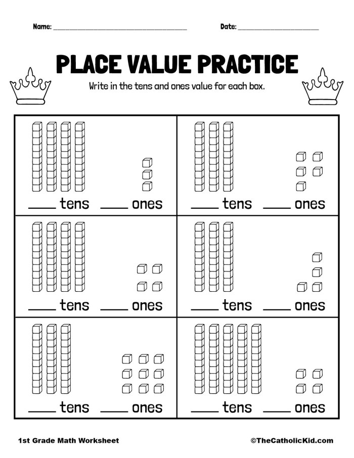 First grade student worksheet focusing on counting tens and ones for place value assessment