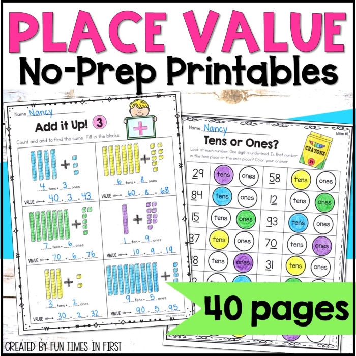 Place Value worksheet for first graders focusing on tens and ones understanding