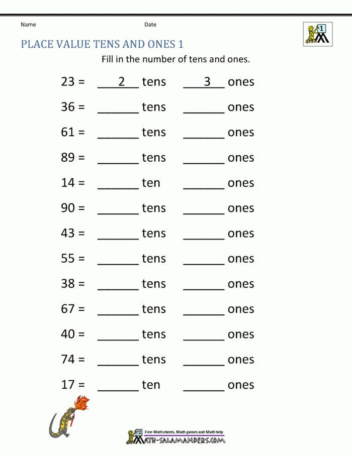 First grade place value worksheet for assessing understanding of tens and ones