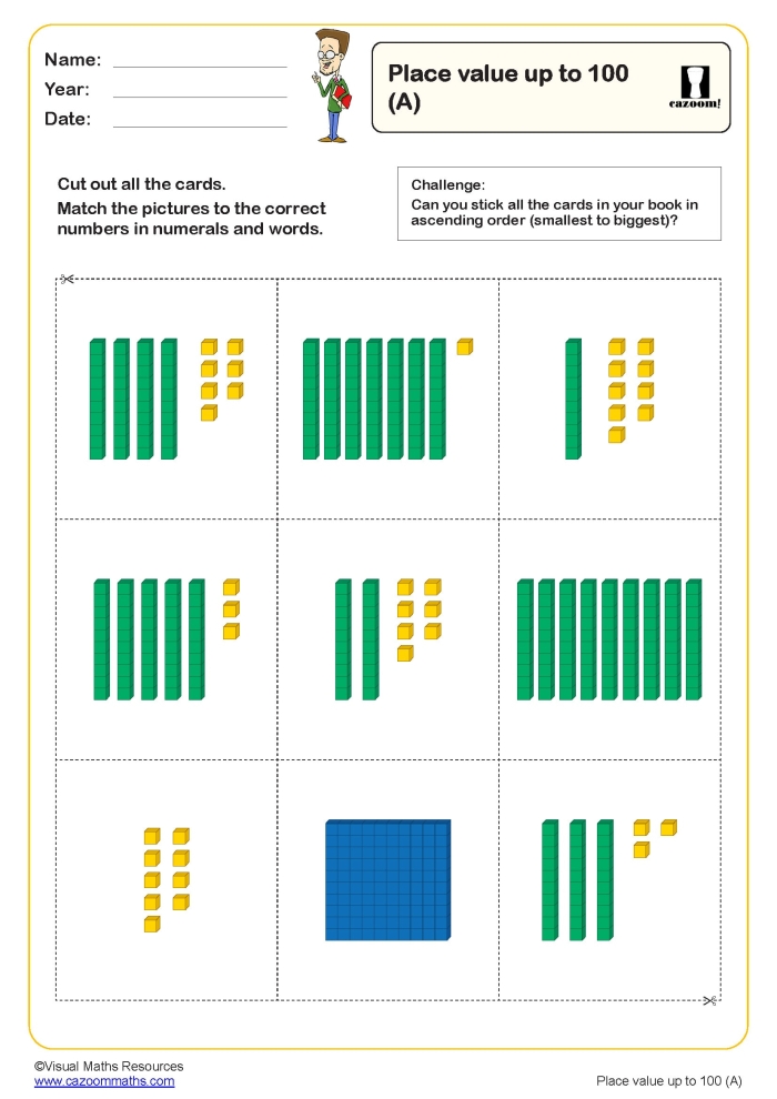 First grade math worksheet focusing on identifying tens and ones for place value assessment
