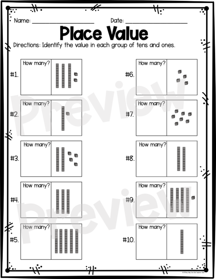 First grade worksheet showing place value practice with tens and ones blocks