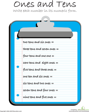 First grade math worksheet helping students identify tens and ones place value for two-digit numbers at Quincy's Place Value