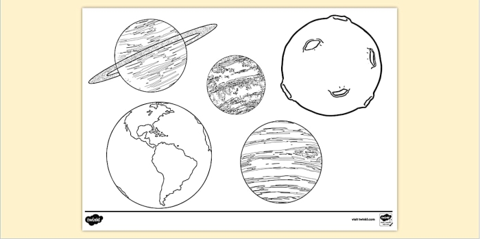 Coloring page featuring four imaginative planets for first graders to explore with crayons