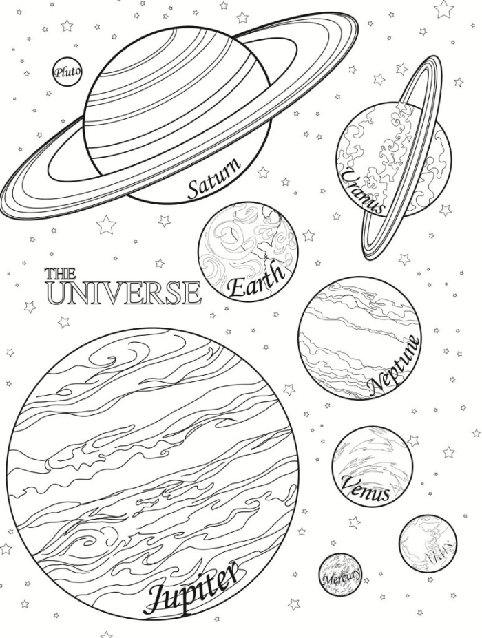 Coloring page featuring four imaginative planets for first graders to color and explore