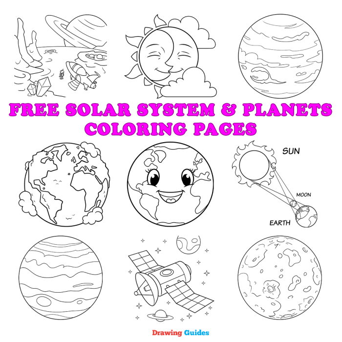Coloring page featuring four imaginative planets for first graders to explore with crayons