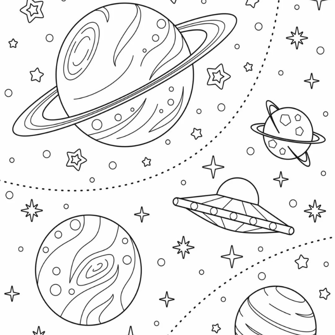 Coloring page featuring four imaginative planets for first graders to explore
