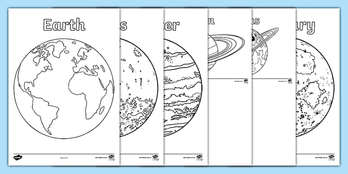 Coloring page featuring four imaginative planets for first graders to explore with crayons
