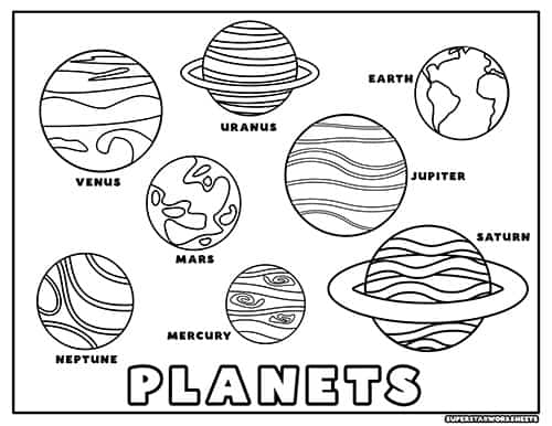 Coloring page featuring four imaginative planets for kids to color and explore