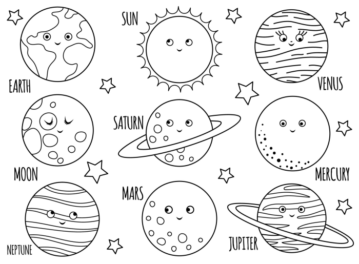 Coloring page featuring four imaginative planets for first graders to explore