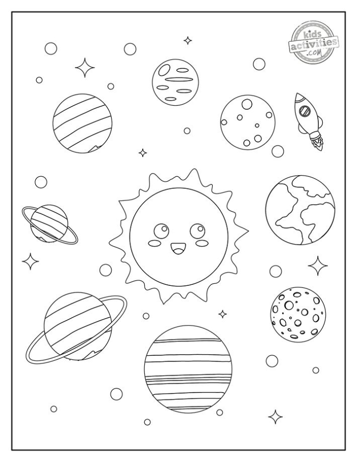 Coloring page featuring four imaginative planets for first graders to explore